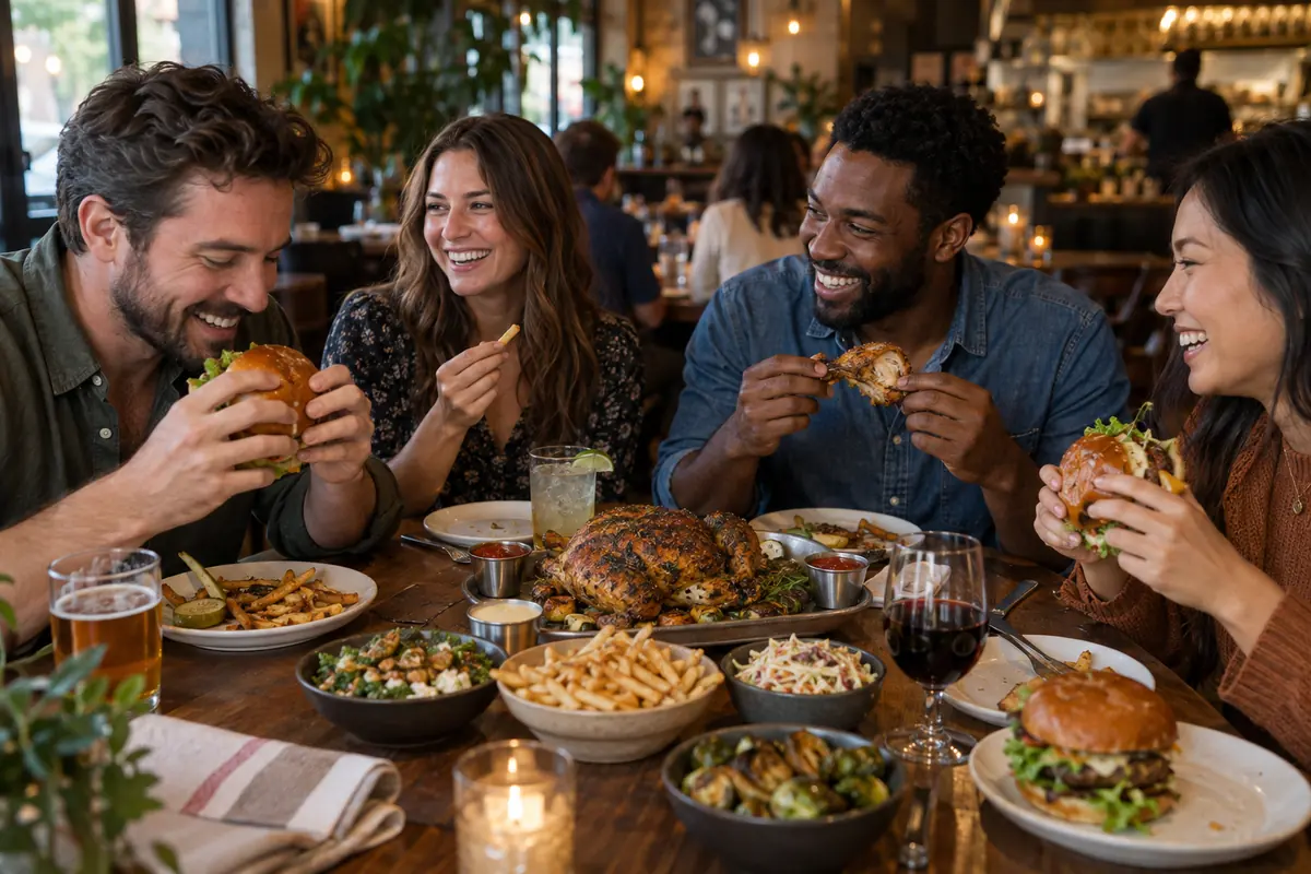 Friends sharing burgers, roast chicken, and sides around a table