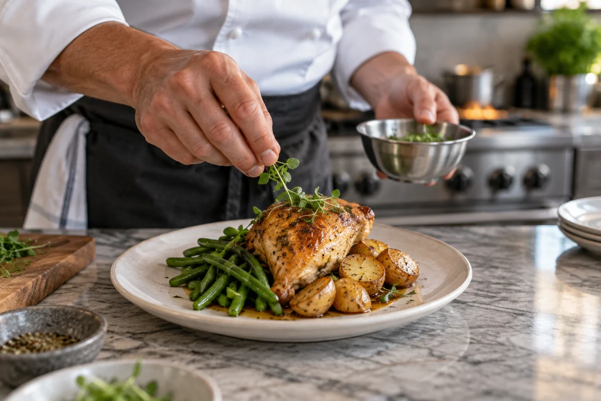 Chef finishing roast chicken with herbs beside potatoes and beans