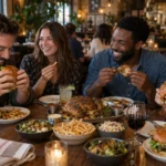 Friends sharing burgers, roast chicken, and sides around a table